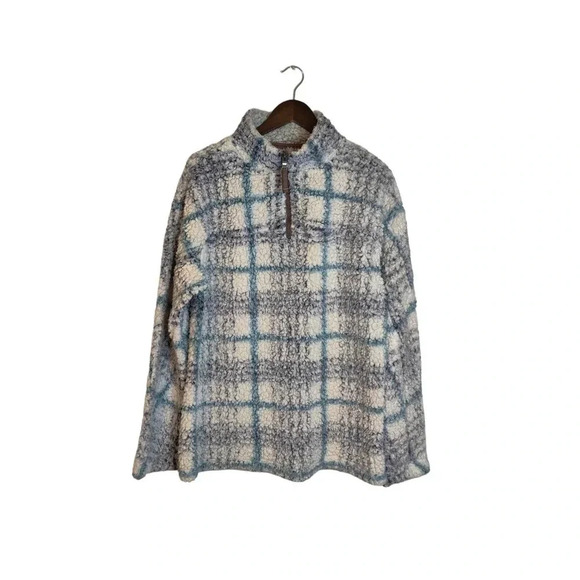 True Grit Sherpa Frosty Plaid Pullover Blue White Sweatshirt Size M - Picture 1 of 5